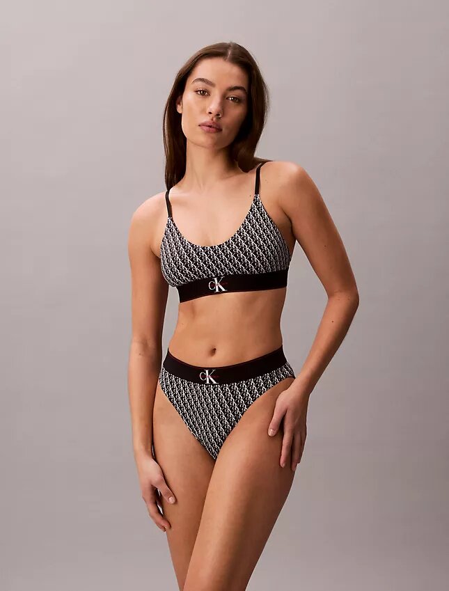 Bikini cu talie înaltă, elastic, din microfiber, cu monogramă grafică Bikini cu talie înaltă, elastic, din microfiber, cu monogramă grafică