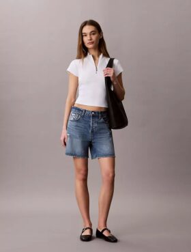 Bluză cu fermoar pe un sfert, cu nervuri și monogramă țesută