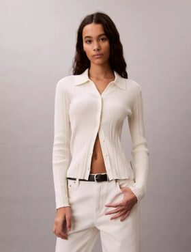 Cardigan polo din bumbac cu nervuri fine