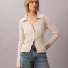 Cardigan polo din bumbac cu nervuri fine Cardigan polo din bumbac cu nervuri fine