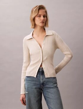 Cardigan polo din bumbac cu nervuri fine