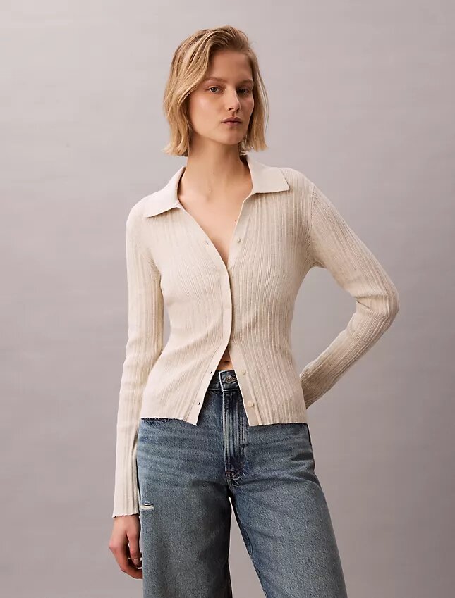 Cardigan polo din bumbac cu nervuri fine Cardigan polo din bumbac cu nervuri fine