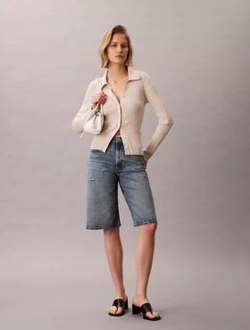 Cardigan polo din bumbac cu nervuri fine
