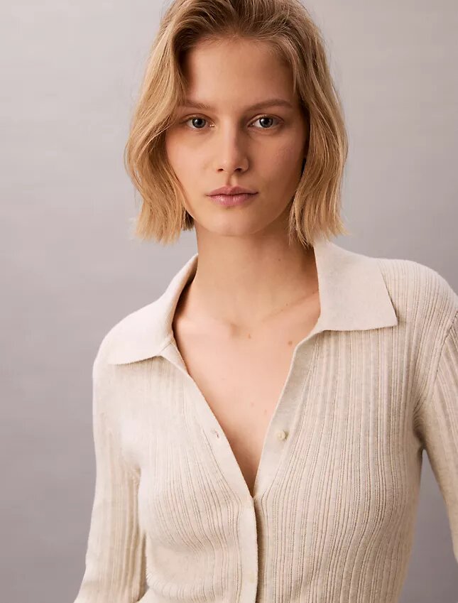 Cardigan polo din bumbac cu nervuri fine Cardigan polo din bumbac cu nervuri fine