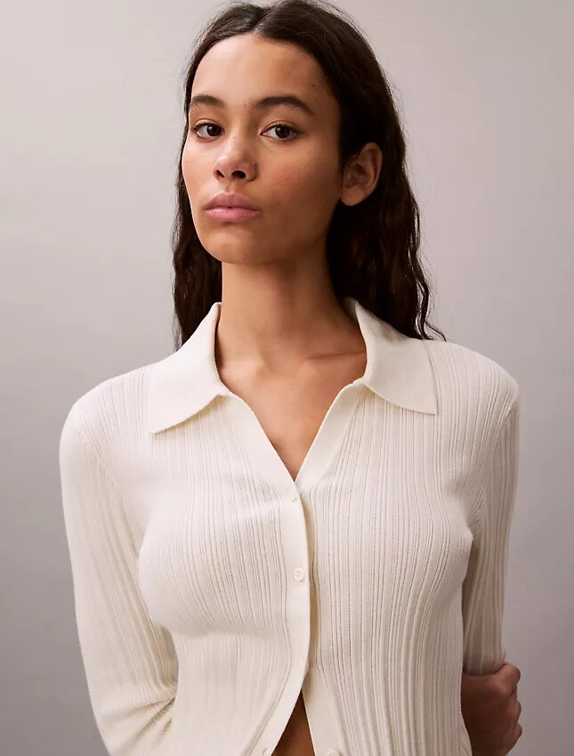 Cardigan polo din bumbac cu nervuri fine Cardigan polo din bumbac cu nervuri fine