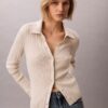 Cardigan polo din bumbac cu nervuri fine Cardigan polo din bumbac cu nervuri fine