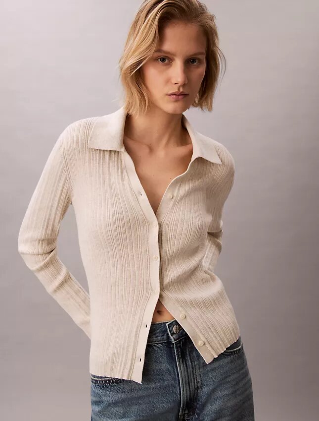 Cardigan polo din bumbac cu nervuri fine Cardigan polo din bumbac cu nervuri fine