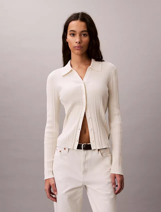 Cardigan polo din bumbac cu nervuri fine Cardigan polo din bumbac cu nervuri fine