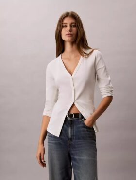 Cardigan slim din tricot fin cu nervuri, cu monogramă țesută