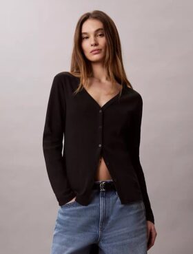 Cardigan slim din tricot fin cu nervuri, cu monogramă țesută