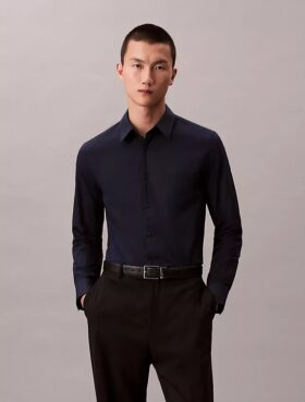 Cămașă slim din poplin Cotton Stretch de bumbac, cu nasturi