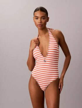 Costum de baie întreg cu decolteu adânc și monogramă grafică