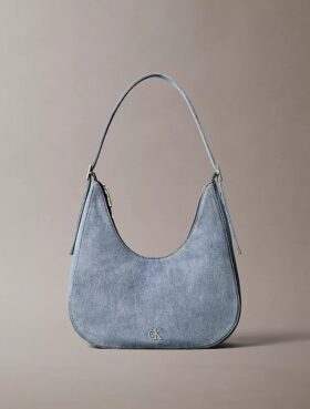 Geantă de umăr din denim cu logo în formă de semilună