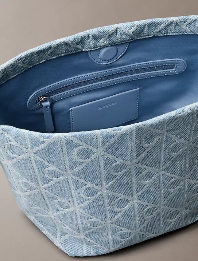 Geantă tip sac din denim cu logo Emblem pe toată suprafața Geantă tip sac din denim cu logo Emblem pe toată suprafața