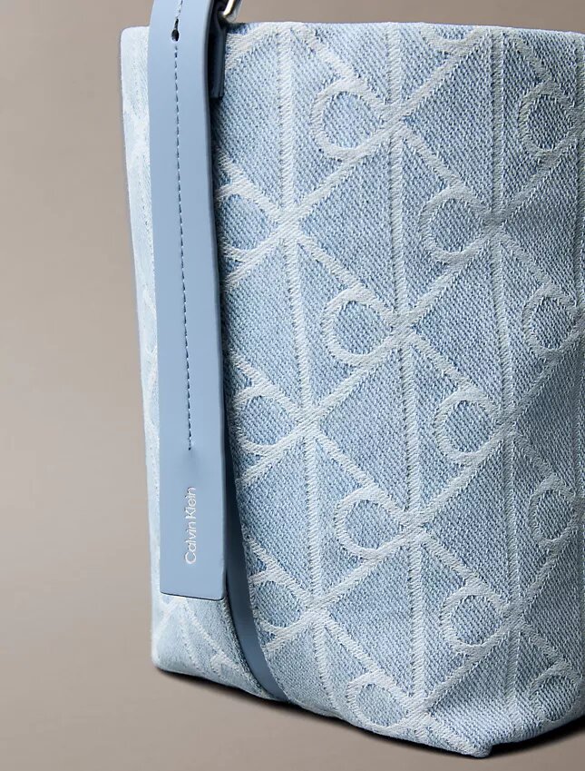 Geantă tip sac din denim cu logo Emblem pe toată suprafața Geantă tip sac din denim cu logo Emblem pe toată suprafața