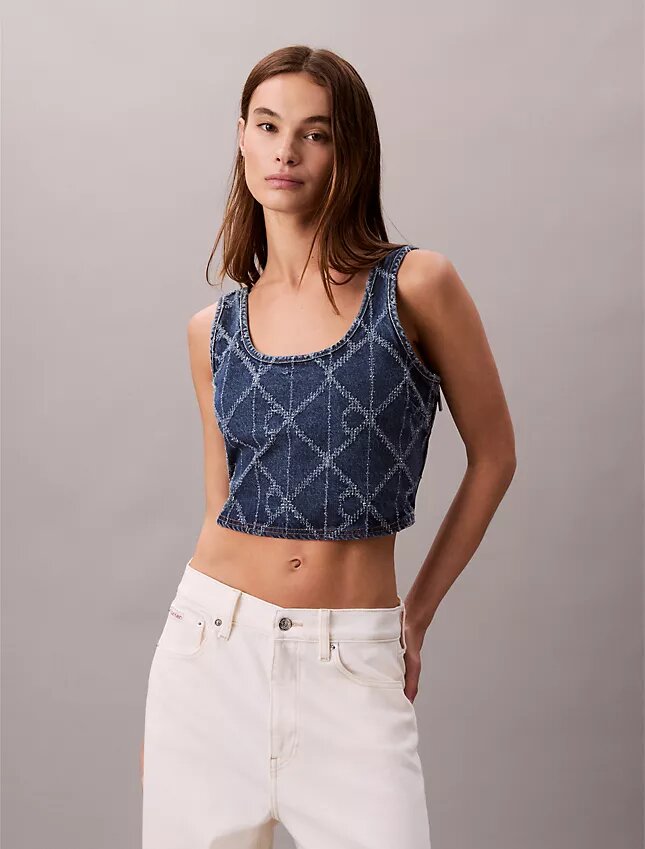 Maiou scurt din denim cu monogramă pe toată suprafața Maiou scurt din denim cu monogramă pe toată suprafața