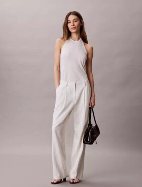 Pantaloni croiți cu picior larg din amestec de in