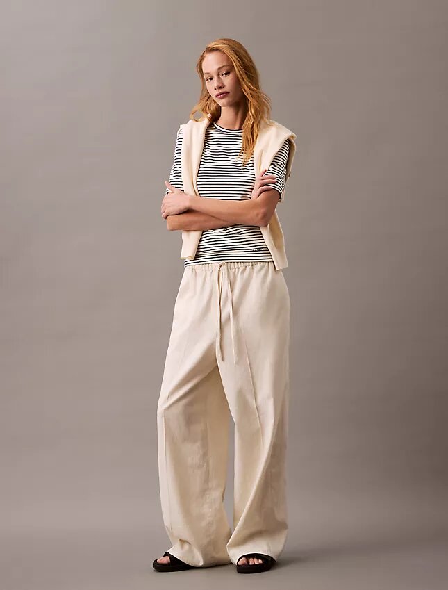 Pantaloni din in și bumbac cu șnur Pantaloni din in și bumbac cu șnur
