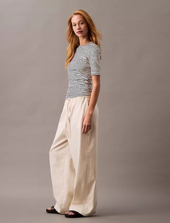 Pantaloni din in și bumbac cu șnur Pantaloni din in și bumbac cu șnur