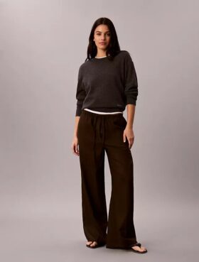 Pantaloni largi cu șnur din amestec de in