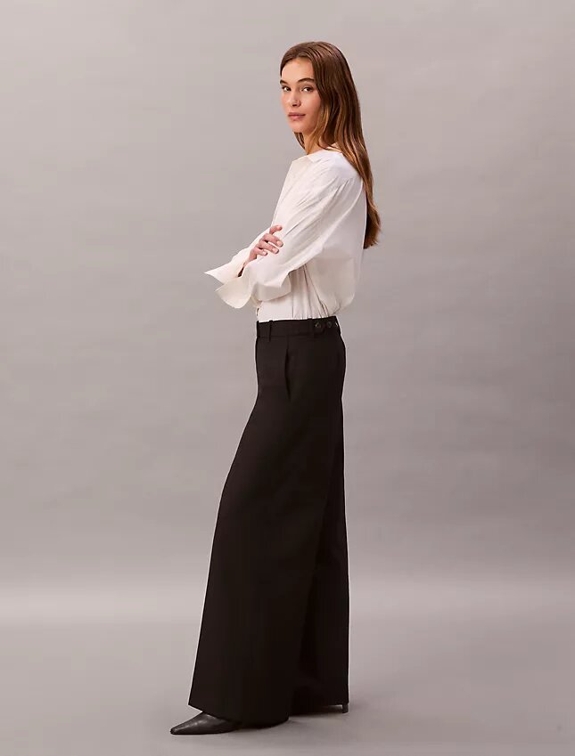 Pantaloni largi din gabardină de lână Pantaloni largi din gabardină de lână