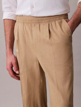 Pantaloni plisați din amestec de in, cu talie elastică