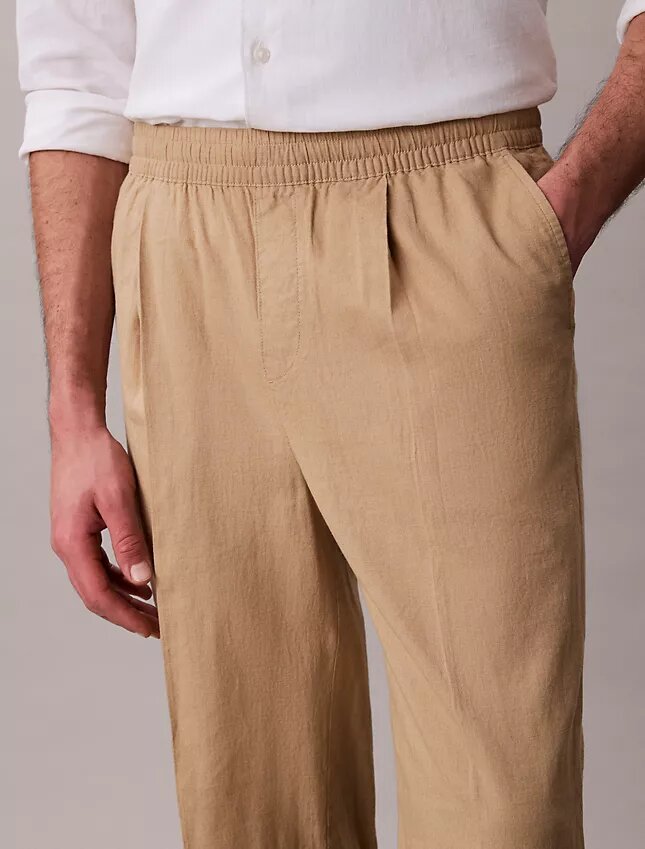 Pantaloni plisați din amestec de in, cu talie elastică Pantaloni plisați din amestec de in, cu talie elastică