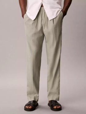 Pantaloni plisați din amestec de in, cu talie elastică