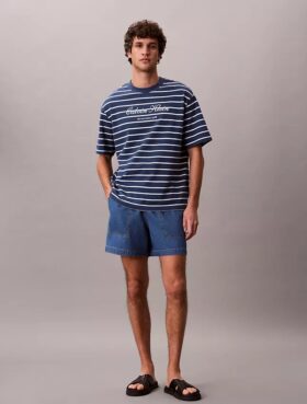 Pantaloni scurți din denim cu amestec de in, cu talie elastică