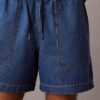 Pantaloni scurți din denim cu amestec de in, cu talie elastică Pantaloni scurți din denim cu amestec de in, cu talie elastică