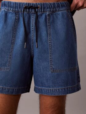 Pantaloni scurți din denim cu amestec de in, cu talie elastică