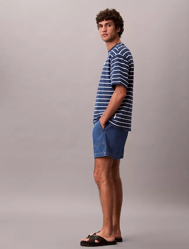 Pantaloni scurți din denim cu amestec de in, cu talie elastică Pantaloni scurți din denim cu amestec de in, cu talie elastică
