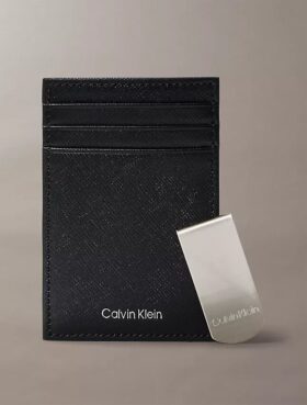 Portcard rafinat din piele Saffiano + agrafă pentru bancnote