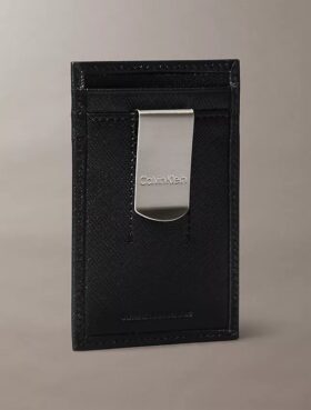 Portcard rafinat din piele Saffiano + agrafă pentru bancnote