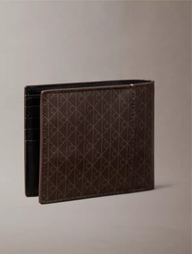 Portofel pliat în două cu logo-ul Emblem imprimat pe toată suprafața și buzunar pentru monede