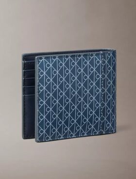 Portofel pliat în două cu logo-ul Emblem imprimat pe toată suprafața și buzunar pentru monede