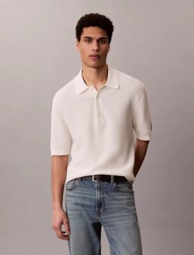 Pulover polo din bumbac cu textură waffle