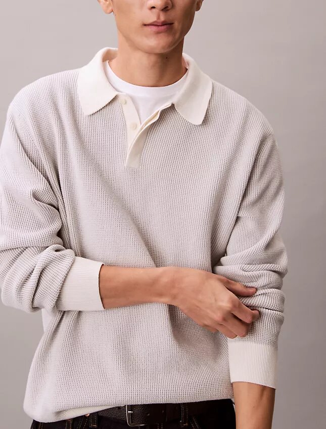 Pulover polo din bumbac neted, cu textură tip waffle Pulover polo din bumbac neted, cu textură tip waffle
