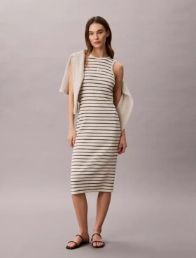 Rochie midi cu dungi și tricot cu nervuri Monologo