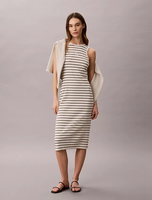 Rochie midi cu dungi și tricot cu nervuri Monologo Rochie midi cu dungi și tricot cu nervuri Monologo