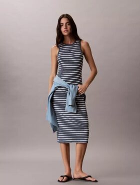 Rochie midi cu dungi și tricot cu nervuri Monologo