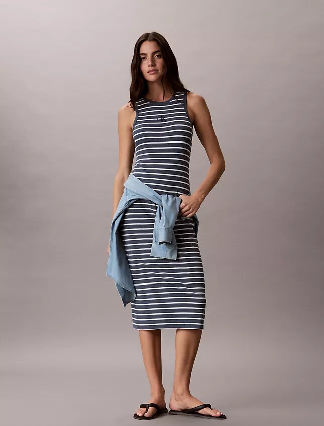 Rochie midi cu dungi și tricot cu nervuri Monologo Rochie midi cu dungi și tricot cu nervuri Monologo