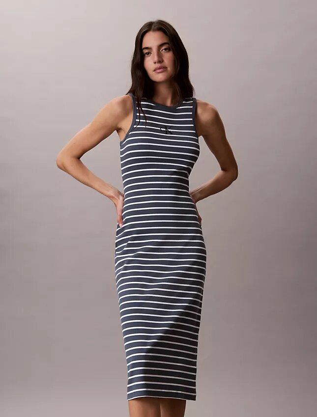 Rochie midi cu dungi și tricot cu nervuri Monologo Rochie midi cu dungi și tricot cu nervuri Monologo
