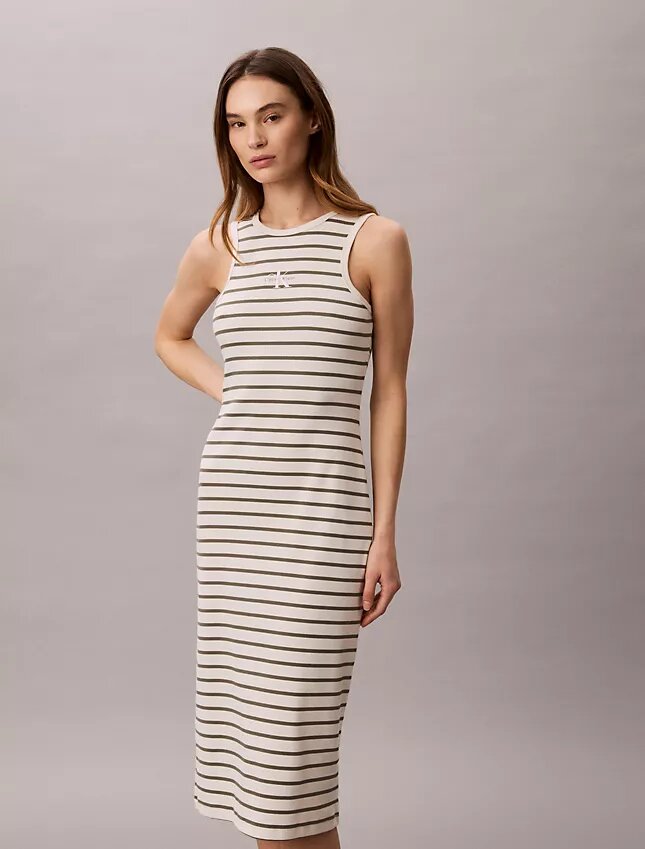 Rochie midi cu dungi și tricot cu nervuri Monologo Rochie midi cu dungi și tricot cu nervuri Monologo