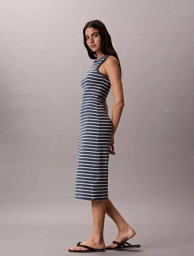 Rochie midi cu dungi și tricot cu nervuri Monologo Rochie midi cu dungi și tricot cu nervuri Monologo