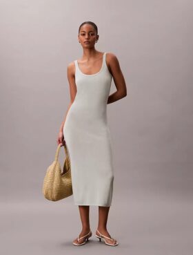 Rochie midi din amestec de in, cu decolteu rotund