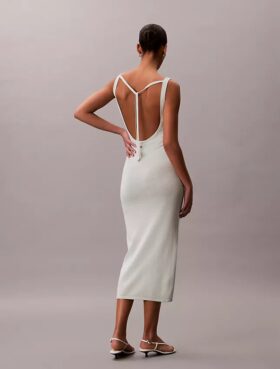 Rochie midi din amestec de in, cu decolteu rotund