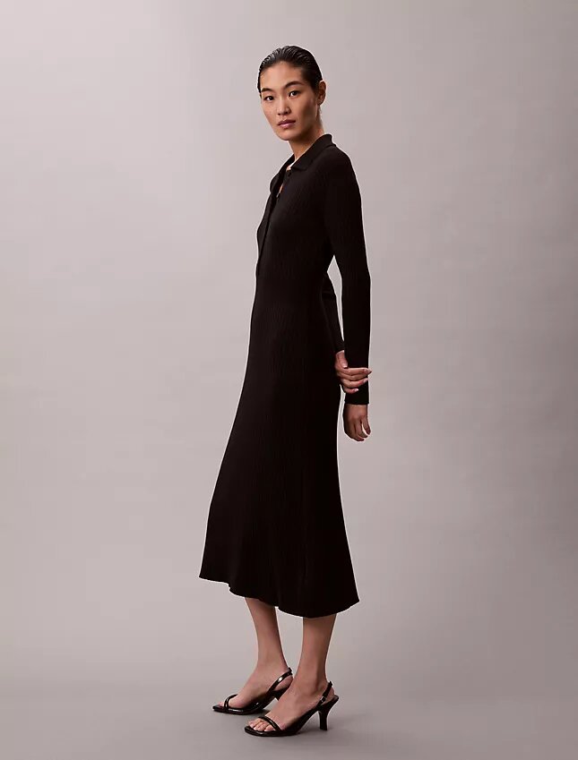 Rochie midi din bumbac neted cu nervuri Rochie midi din bumbac neted cu nervuri