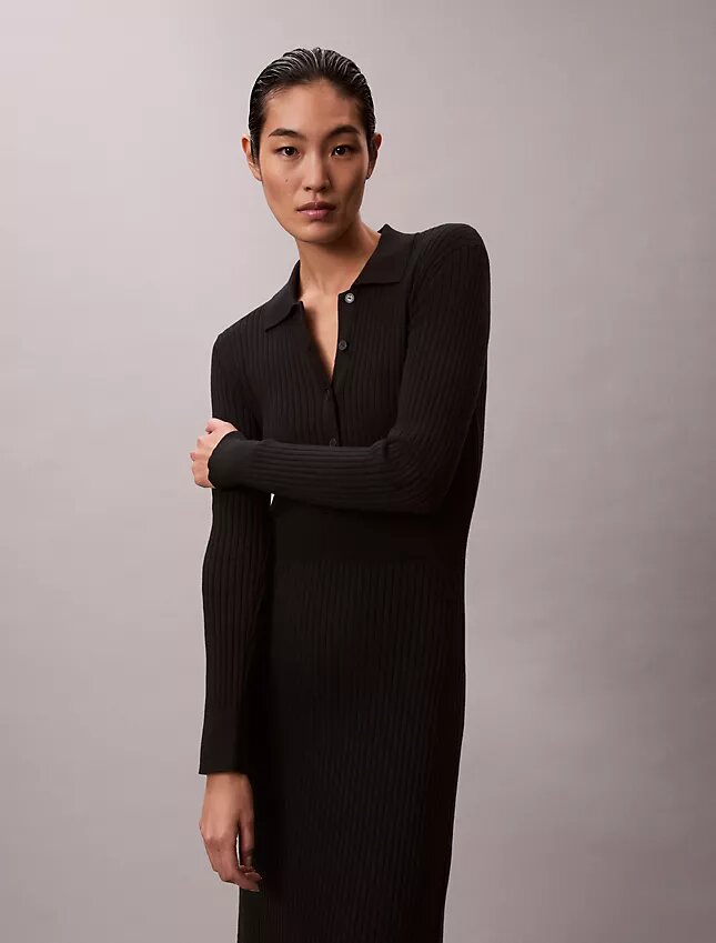 Rochie midi din bumbac neted cu nervuri Rochie midi din bumbac neted cu nervuri