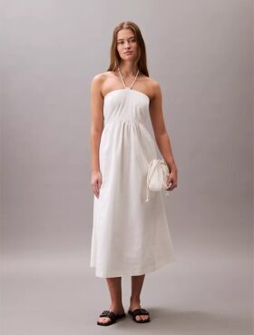Rochie midi din bumbac twill cu gât halter